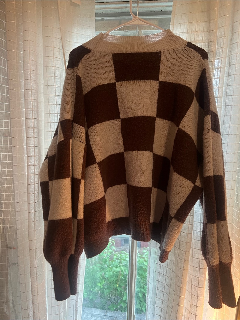 Cozy Checkerboard Knit Sweater - Brown & Cream - Picture 2 of 2